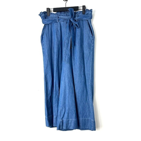Hannah Womens Size M Wide Leg Pants Tie Belt Chambray Blue Pull On Ankle R - Picture 4 of 12